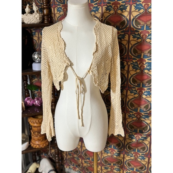 Cider Crochet Knit Tie Front Shrug Bell Sleeve Cardigan Top - Picture 1 of 3